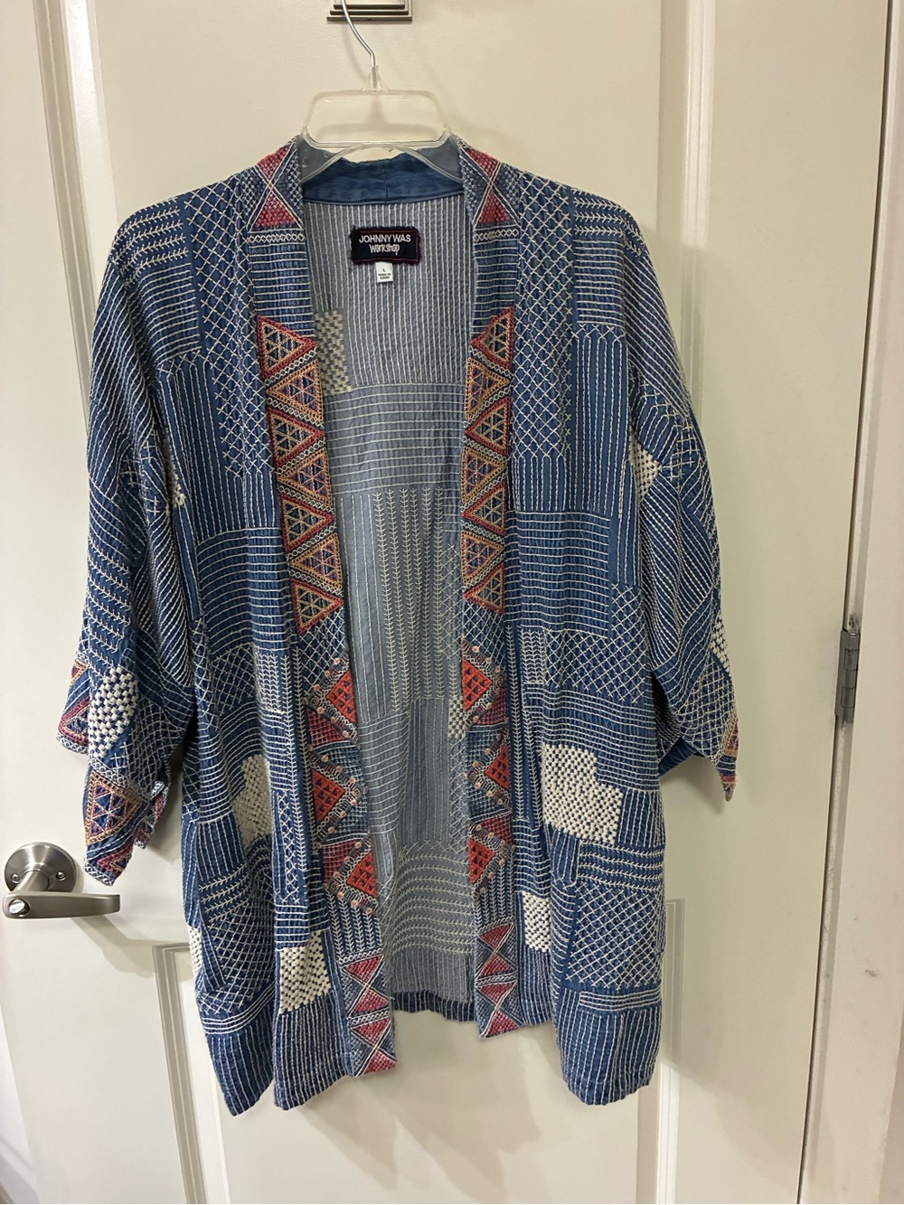 Johnny Was Denim Patchwork Open Front Kimono Cardigan with Red Accents